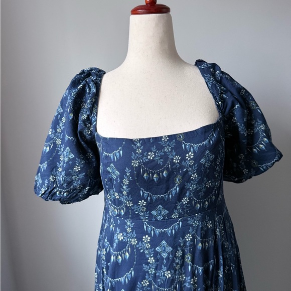 Hill House Blue Floral Square-Neck Midi Dress Puff Sleeves Matilda Charm Scallop - Picture 3 of 10